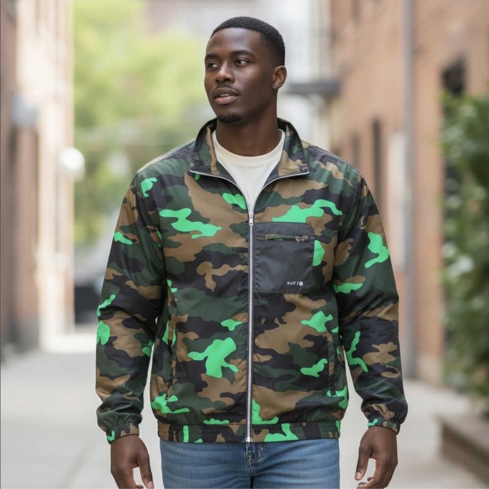 HUF ✦ Reversible Harrington Jacket ✦ Black Solid + Camo Print Cotton S NWT